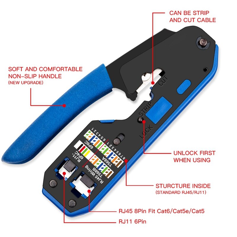 Rj45 ferramenta rede crimper cabo descascamento alicate stripper para rj45 cat6 cat5e cat5 rj11 rj12 conector