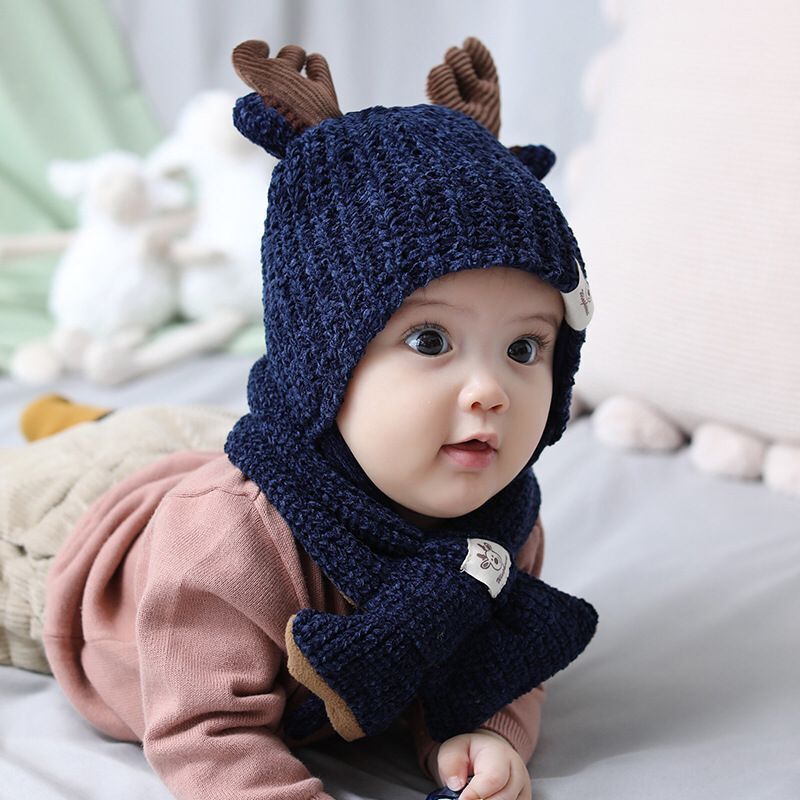 Chapeaux avec écharpe en polaire chaude pour filles, bonnet d'hiver tricoté pour enfants,: dark blue