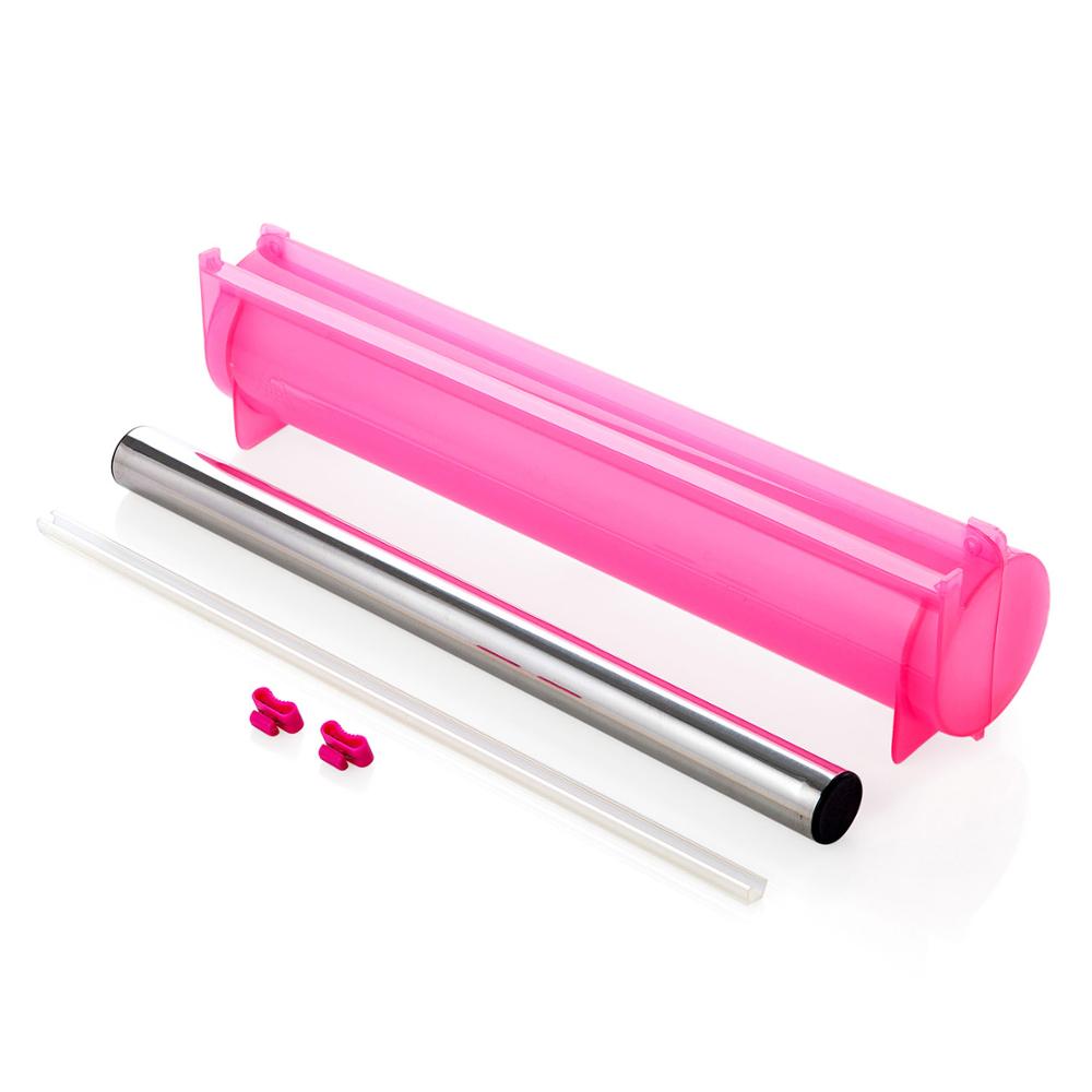 Plastfolie dispenser aluminiumfoliehållare låda för att skära film matfolie matfolie skärare köksfilm arrangör: Rosa