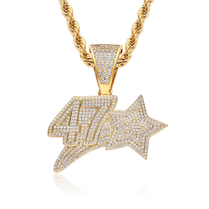 Iced Out Glück Zahlen 47 Stern Anhänger Halskette Mit Kette 2 Farben AAA Zirkon Herren Halskette Hip Hop Schmuck