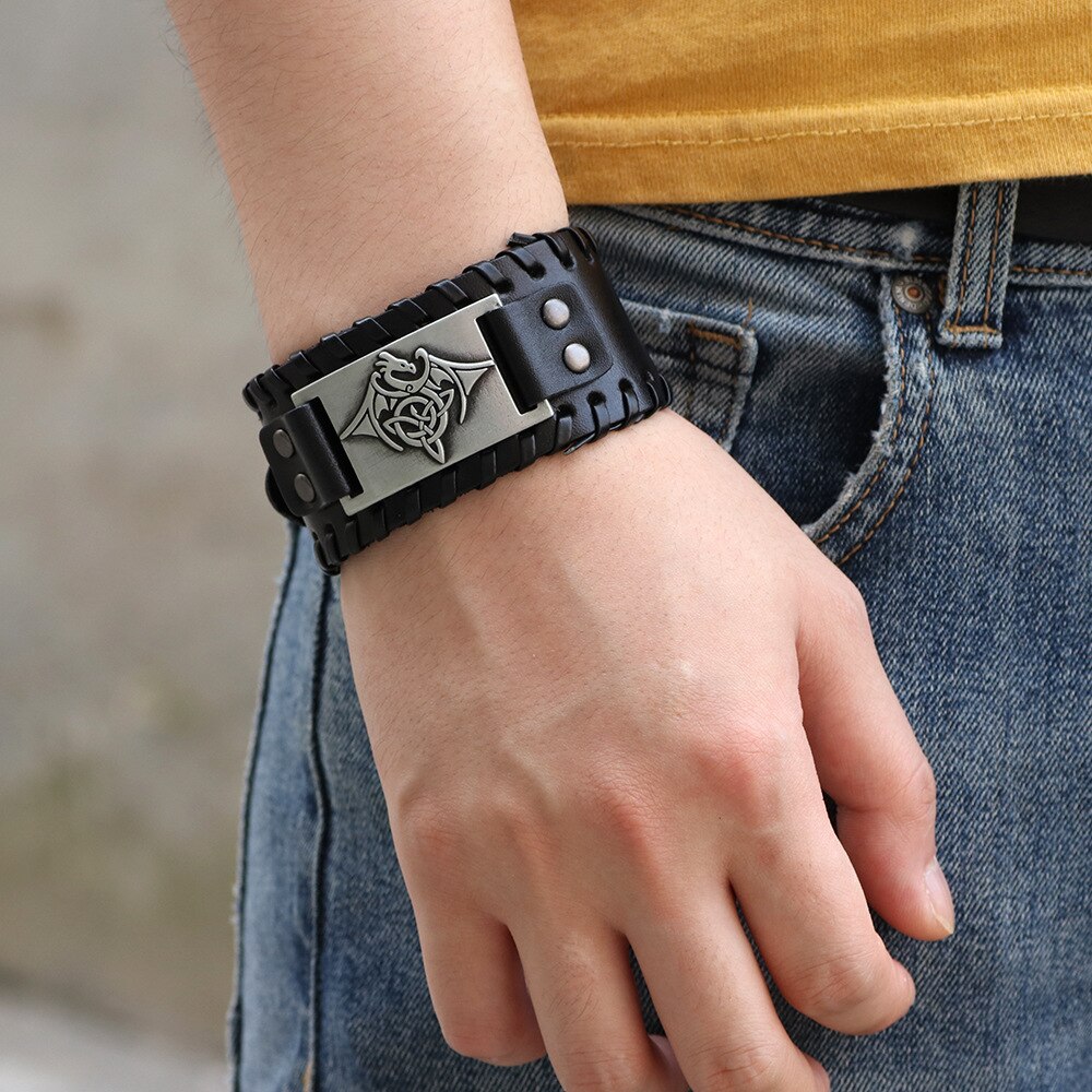 Viking drage pterosaur trekant odin rune armbånd mænd&amp; #39 ;s tilbehør metal læder tilbehør religiøse amulet
