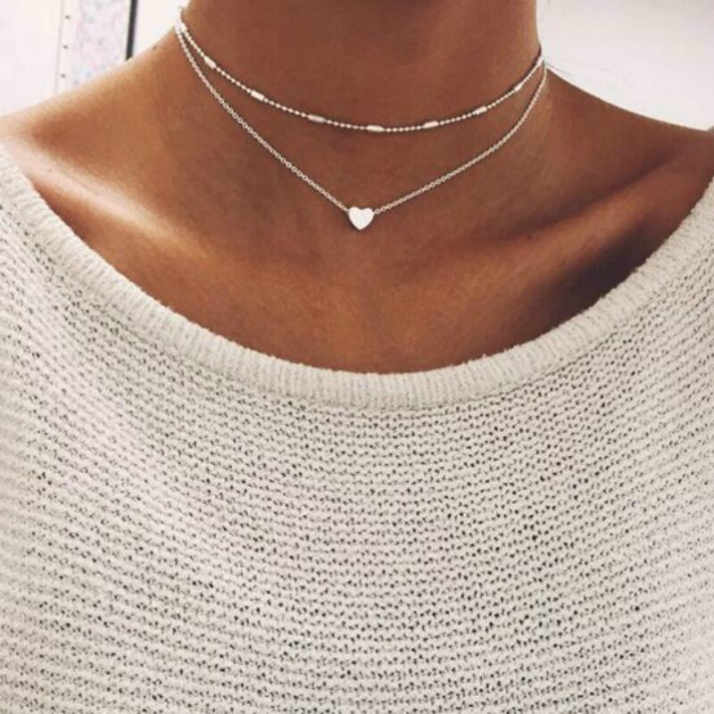 Einfache Herz zwei schichten Halsband Halsketten Für Frauen Multi Schichten Perlen Chocker kragen ras du cou Collier femme Minimalistischen schmuck: Silber- Farbe