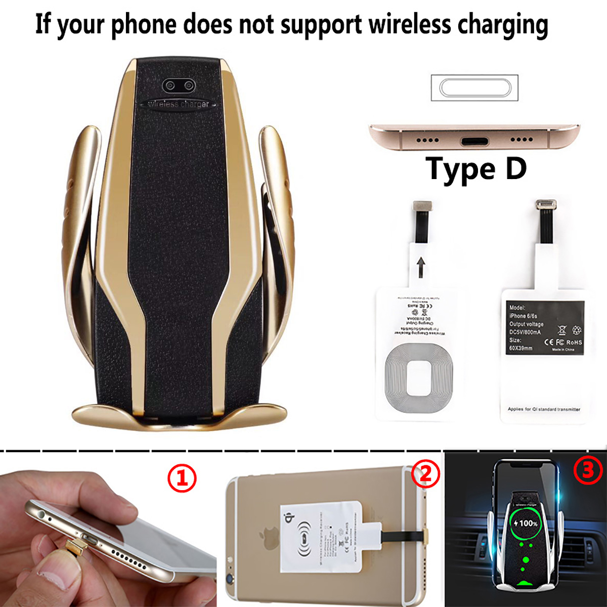 Qi Automatic Clamping Car Phone Holder Fast 10W Wireless Charging Car Charger Holder Mount Air Vent for iPhone X Max XR Samsung: Gold For iPhone