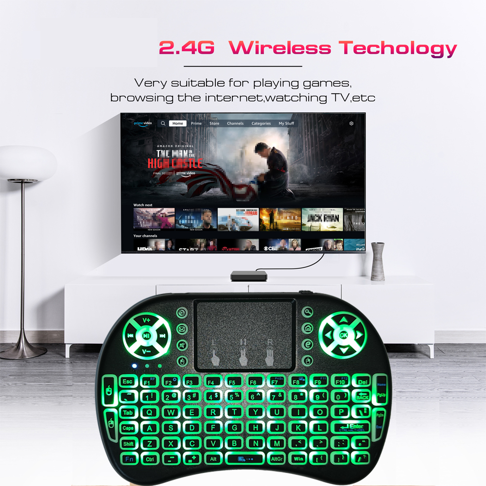 Retroiluminación inglés ruso francés español Portugal Fly Air Mouse 2,4G panel táctil para Android TV Box PC I8 Mini teclado inalámbrico