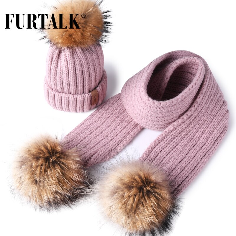 FURTALK Winter Kinderen Hoed Beanie Echte Wasbeer Bont Pompom Hoed en Sjaal Meisjes Bont Hoeden Jongens Caps Sjaals HTWL029