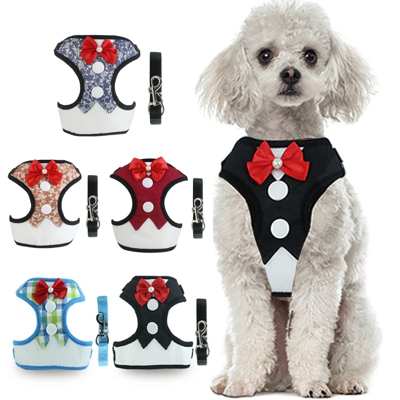 Hundsele och koppel set nylon valp hundsele väst med pilbåge högtidlig klänning för bröllopsfest chihuahua små hundar