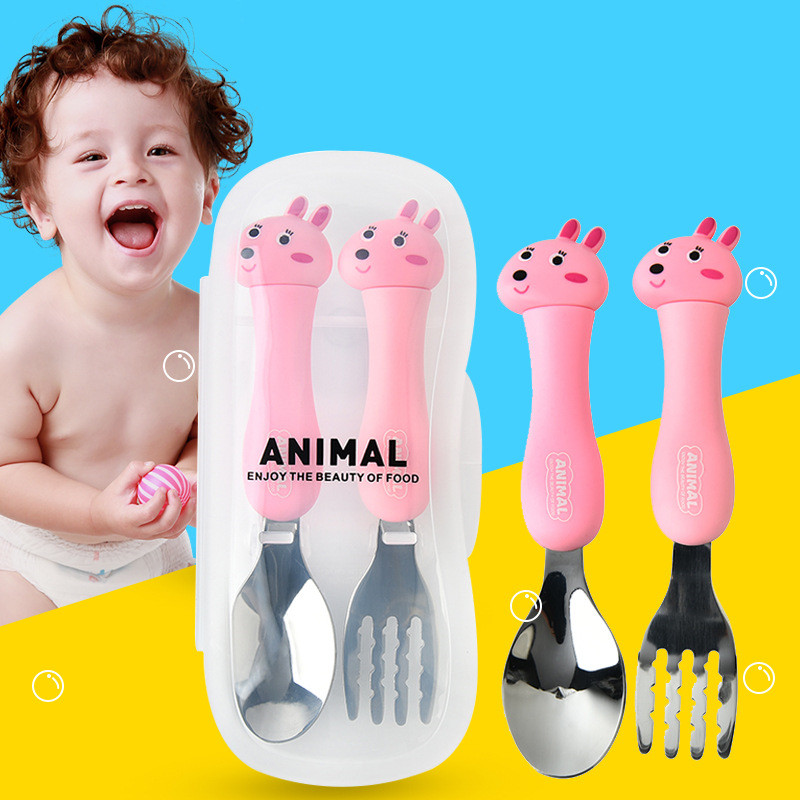 Baby Feeding Material Cartoon Cutlery Suit Student Stainless Steel Tableware Animal Fork Spoon Set Utensils Eating Gadgets