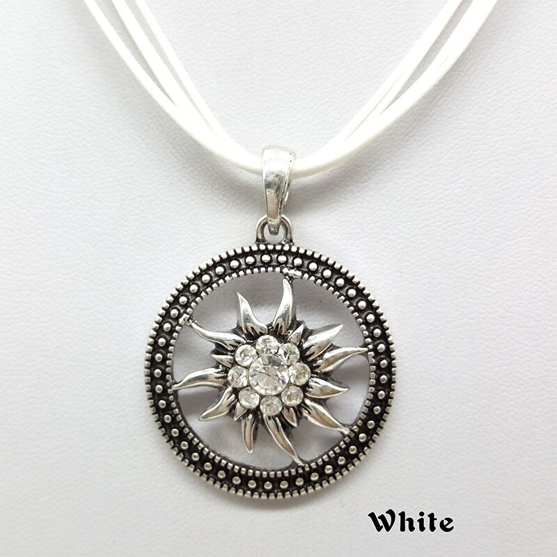 Vintage Zilveren Gesneden Edelweiss Ketting Hanger Zonnebloem Dirndl Traditionele Duitse Sieraden: white