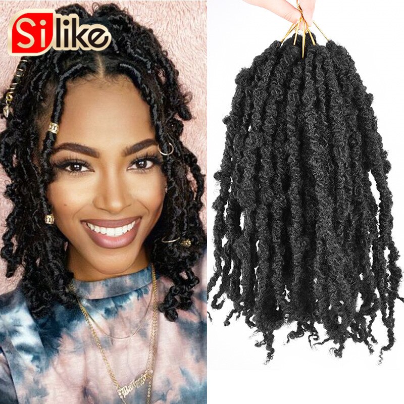 16inch Distressed Butterfly Goddess Locs Crochet Hair Bob Faux Locs Crochet Braiding Hair 12strands Messy Soft Locs: #1B / 1Pcs/Lot
