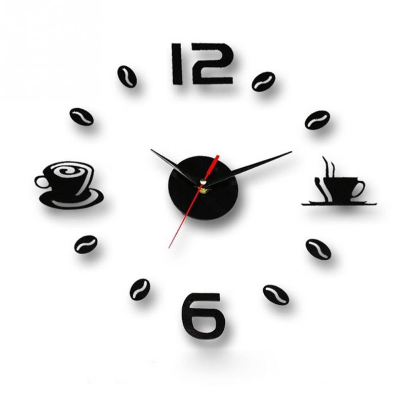 Coffee Cups Kitchen wall art 3d diy wall clocks mirror clock modern watches home decoration DIY decor sticker living room: Black