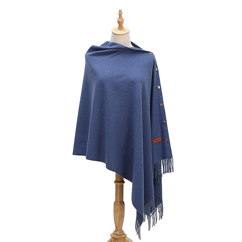 Luxe merk sjaal poncho dames kasjmier effen sjaal cape met knopen multifunctionele deken fular mujer: Blauw