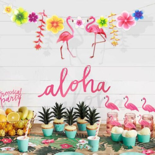 Hawaiian kaktus flamingo banner kranseblad papir fest banner bunting dekoration hawaiisk tema fest fødselsdag forsyninger: Flamingo