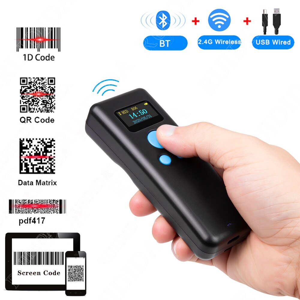 Mini Scanner di codici 1D lettore di codici a barre QR tascabile portatile Scanner Wireless lettore di codici a barre 2d Bluetooth PDF417 per iPad iPhone PC