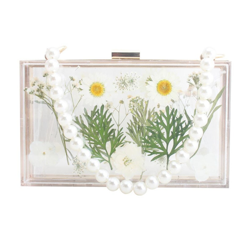 Bolso de mano de plástico con flores transparentes para mujer, bolsa de hombro transparente, de noche, con perlas