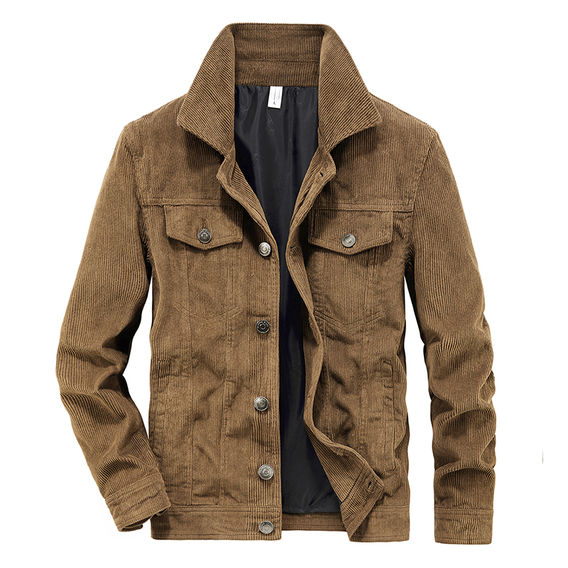 Chaqueta de pana para hombre, abrigo ajustado de manga larga con cremallera, Estilo Vintage, informal, a la , primavera y otoño: XL / Caqui