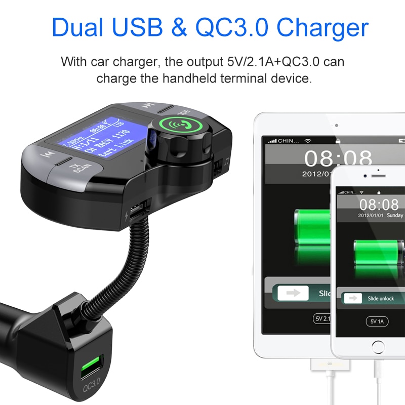 Digital DAB Radio Receiver Car DAB Tuner Bluetooth 4.2 FM Transmitter Aux Stereo Music QC3.0 Dual USB Support TF Card U-disk