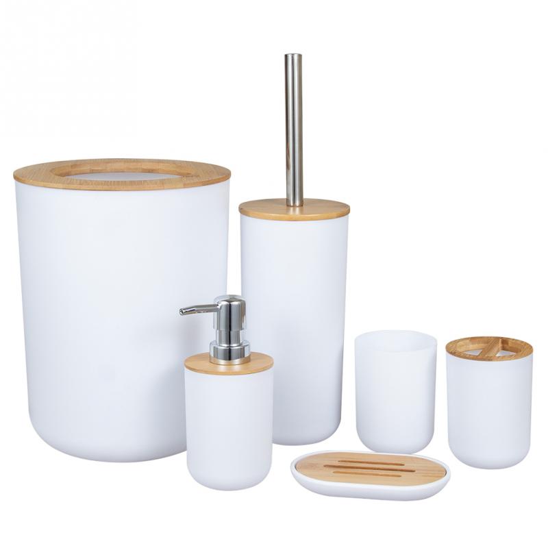6 stk / sæt bambus badeværelsessæt toiletbørsteholder tandbørste glaskop sæbedispenser sæbeskål badeværelse tilbehør: Hvid