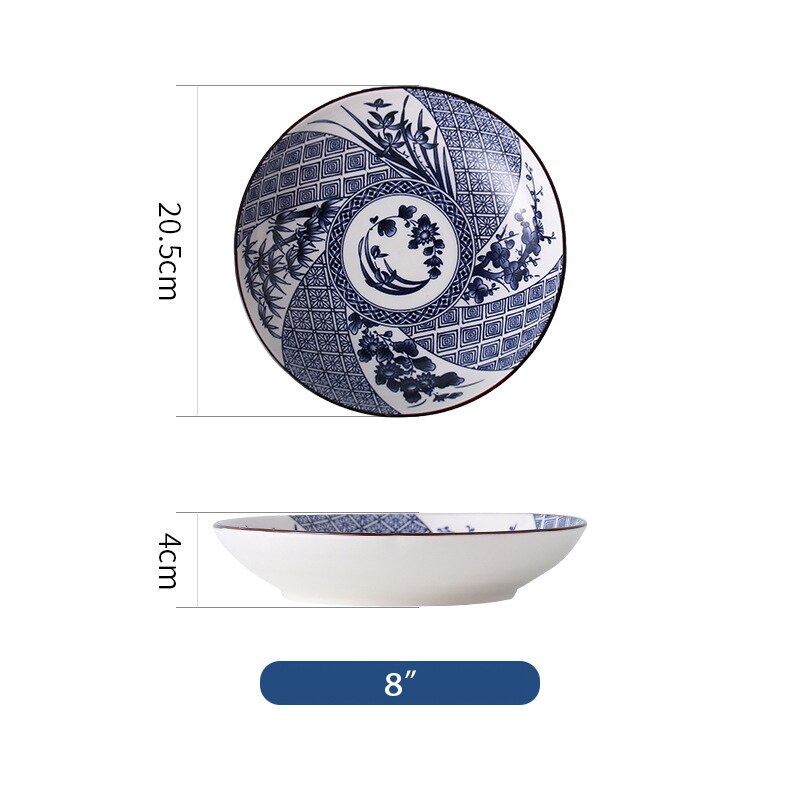 Vajilla de estilo chino con blanco y azul para pintar a mano de 8 pulgadas, platos de cerámica para fruta, ensalada, sopa: R
