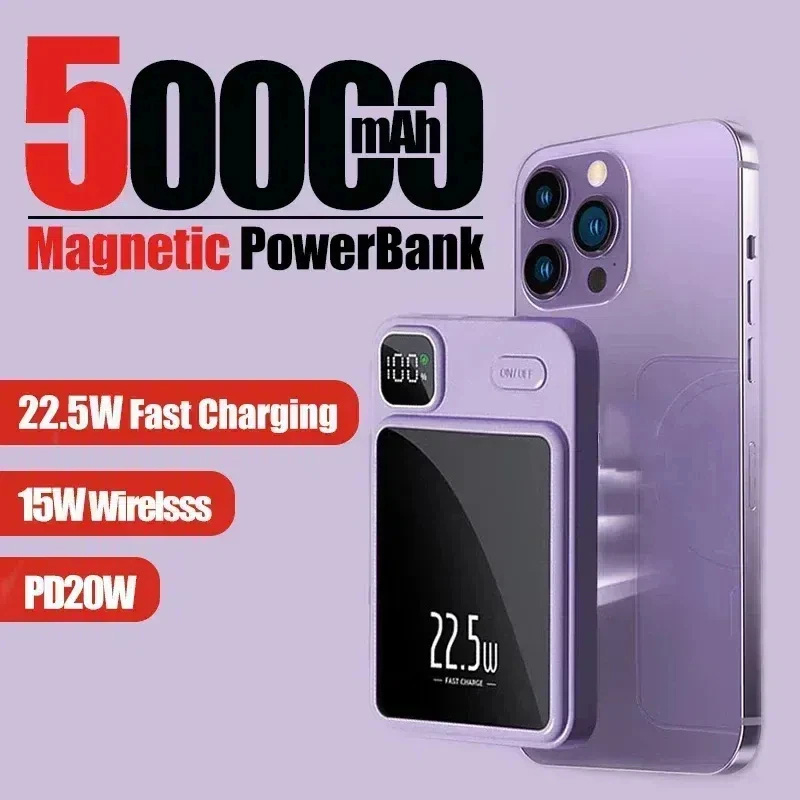 50000mAh Magnetic Wireless Charger Power Bank Mobile External Battery Super Fast Charging PowerBank For Android iPhone 15 16