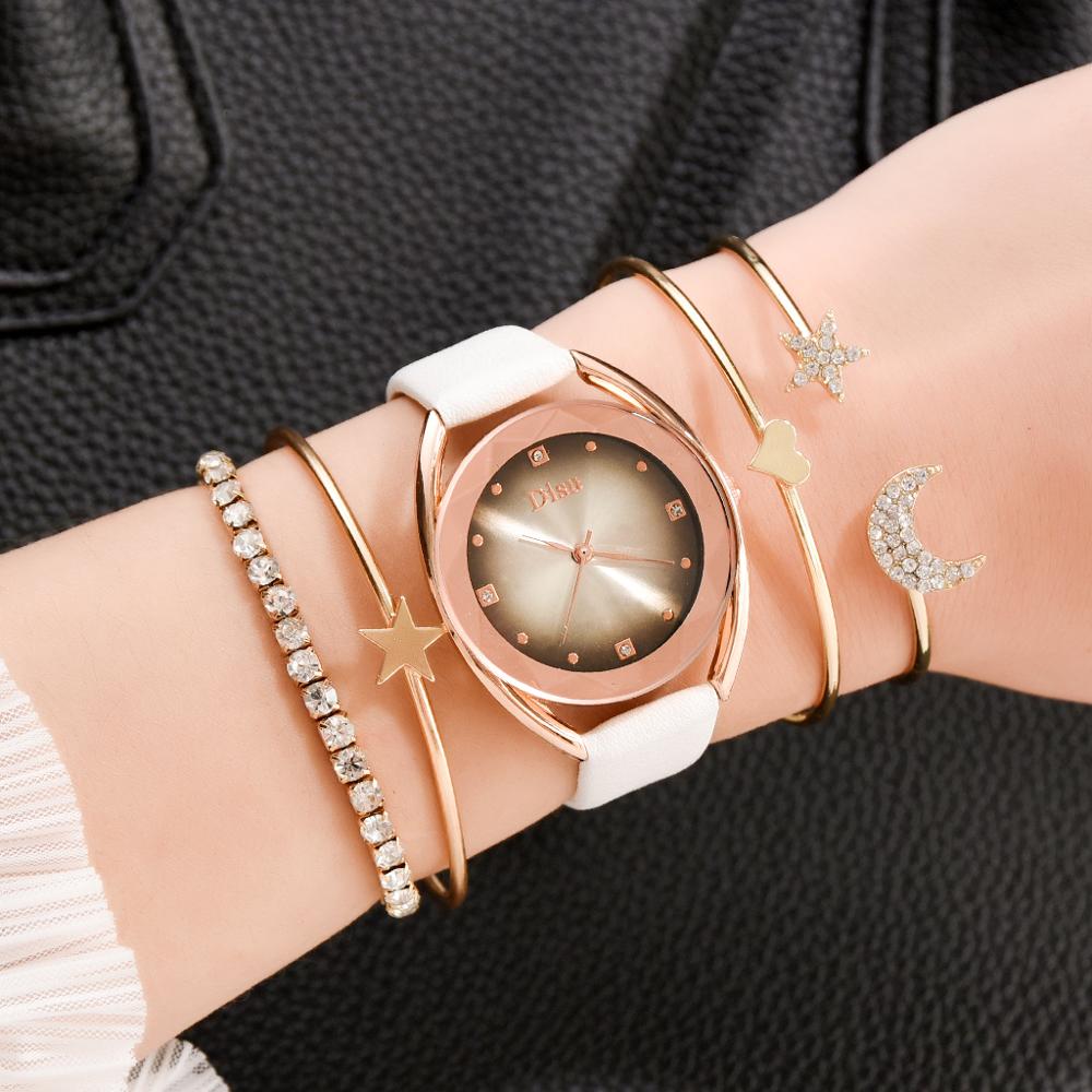 Set leren horlogebanden voor dames, casual dameshorloge met gradiënt wijzerplaat en armbandhorlogeset