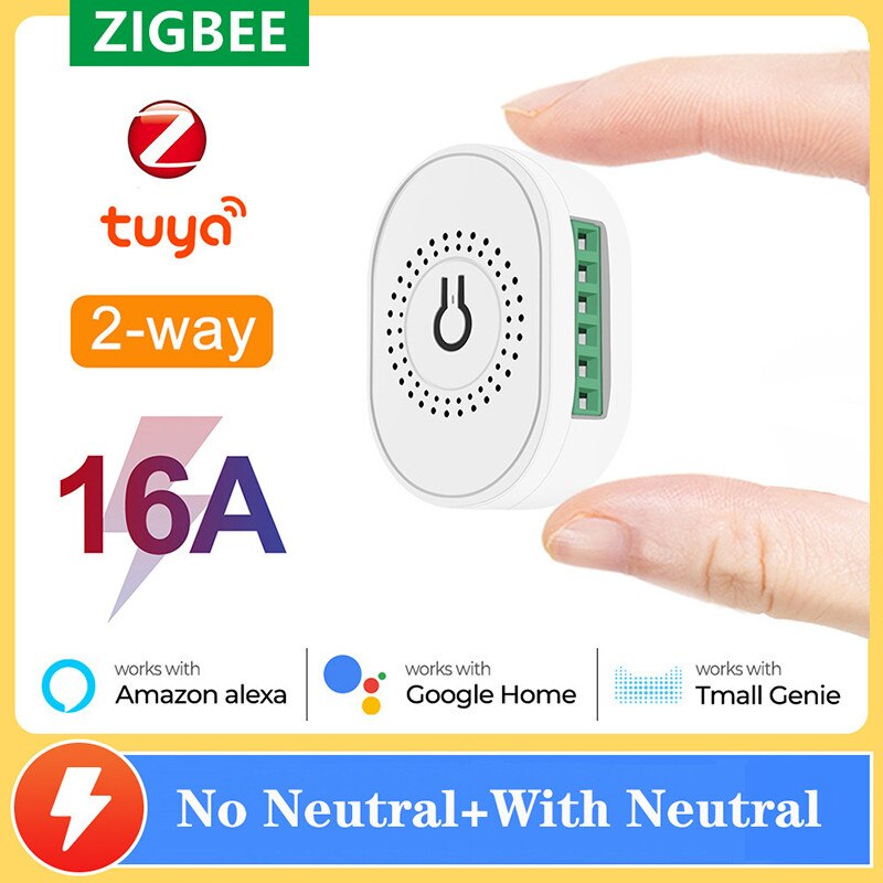 Tuya Smart ZigBee 3.0 16A Mini DIY Switch Relay Breaker Module With/Without Neutral 2-way Control Smart Life Alexa Google Home