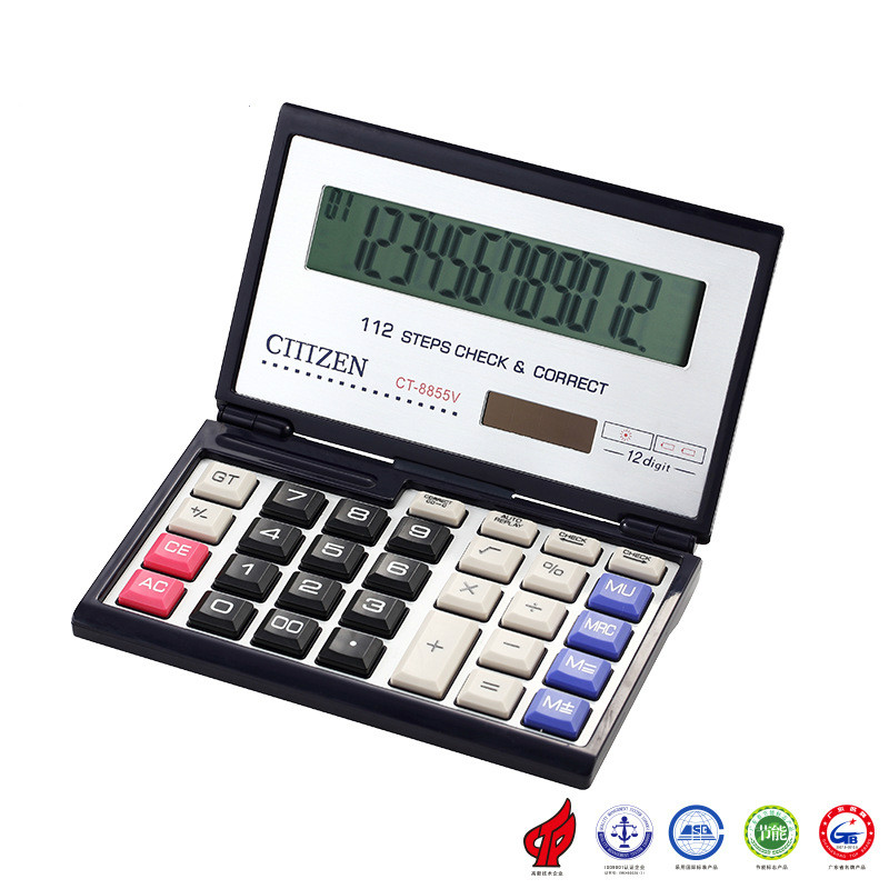 CT-8855V Box Flip Calculator Calculator 12 Digit ABS Plastic Ordinary Dry Battery Black Count Computer