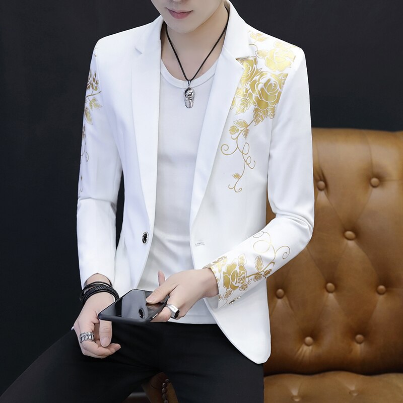 Asian size Men Blazer Slim Fit Designs Korean Elegante Male print Blazer Masculino Button Wedding Casual mens Blazer Jacket