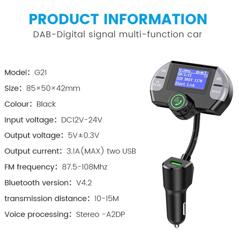 Dab Bluetooth Fm Transmitter,Wireless Radio Adapter Hands-Free Car Kit with Display, Qc3.0 and Smart 2.1A Usb Ports, Aux Input/O