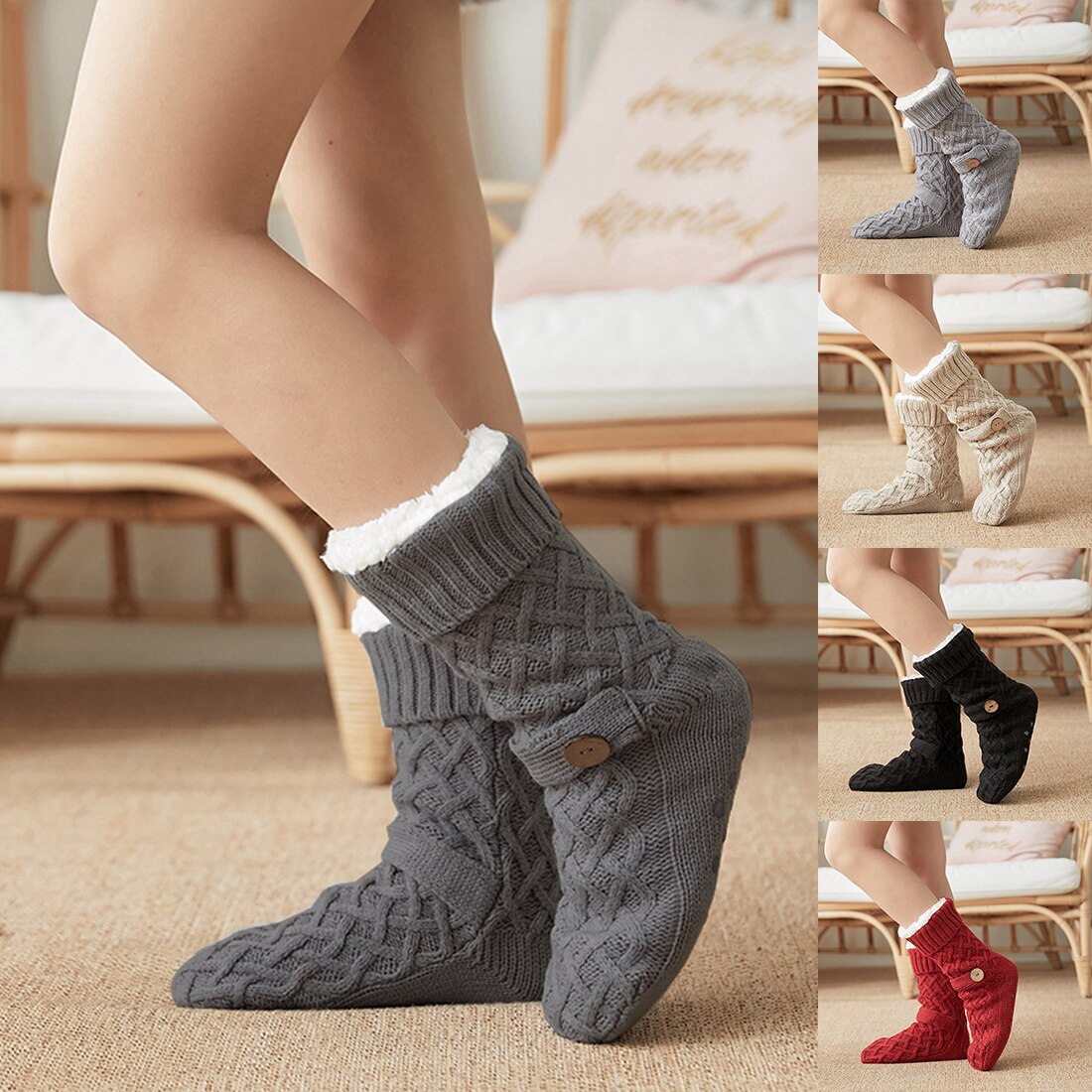 Hiver tricoté femmes chaussettes femmes impression de noël anti-dérapant moelleux corail polaire bouton Tube velours femme chaussettes