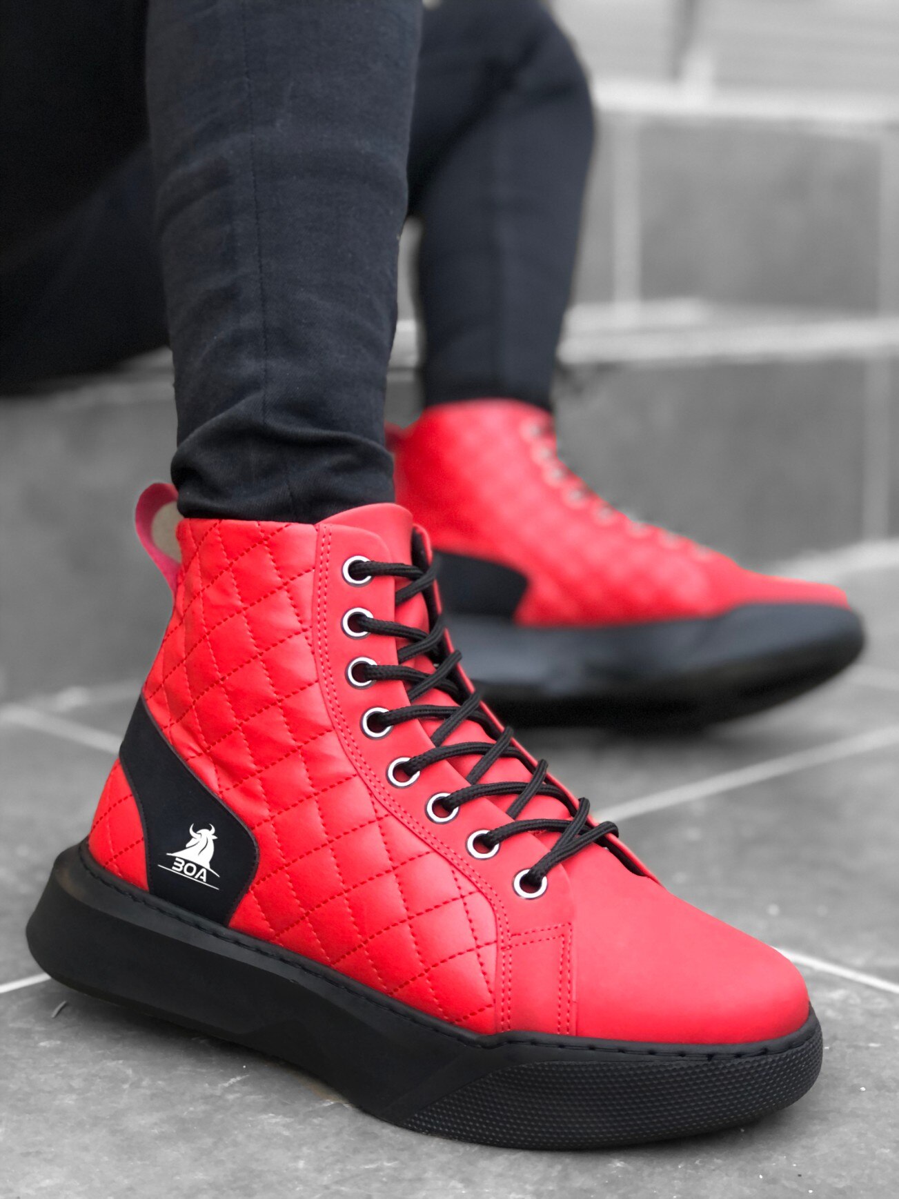 BA0159 Laced Red Quilted Men 'S High Sole Sports Boots
