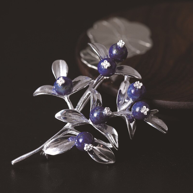 S925 Sterling Zilveren Chinese Stijl Creatieve Bloem Kraag Pin Vrouwelijke Etnische Stijl Elegante Tak Blueberry Temperament Br
