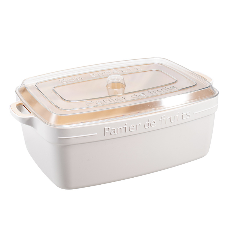 Cesta de drenaje de doble capa con cubierta, cuenco de limpieza de frutas y verduras, cesta de almacenamiento de frutas, cocina para lavar frutas: White rectangle