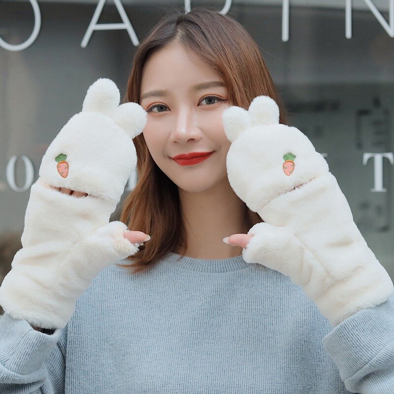 Niedlichen Kaninchen freundlicher kippen Handschuhe Plüsch Finger Handschuhe Berührt Bildschirm Flauschigen Mädchen Handschuhe Winter Warme Handschuhe Weiche Verdicken