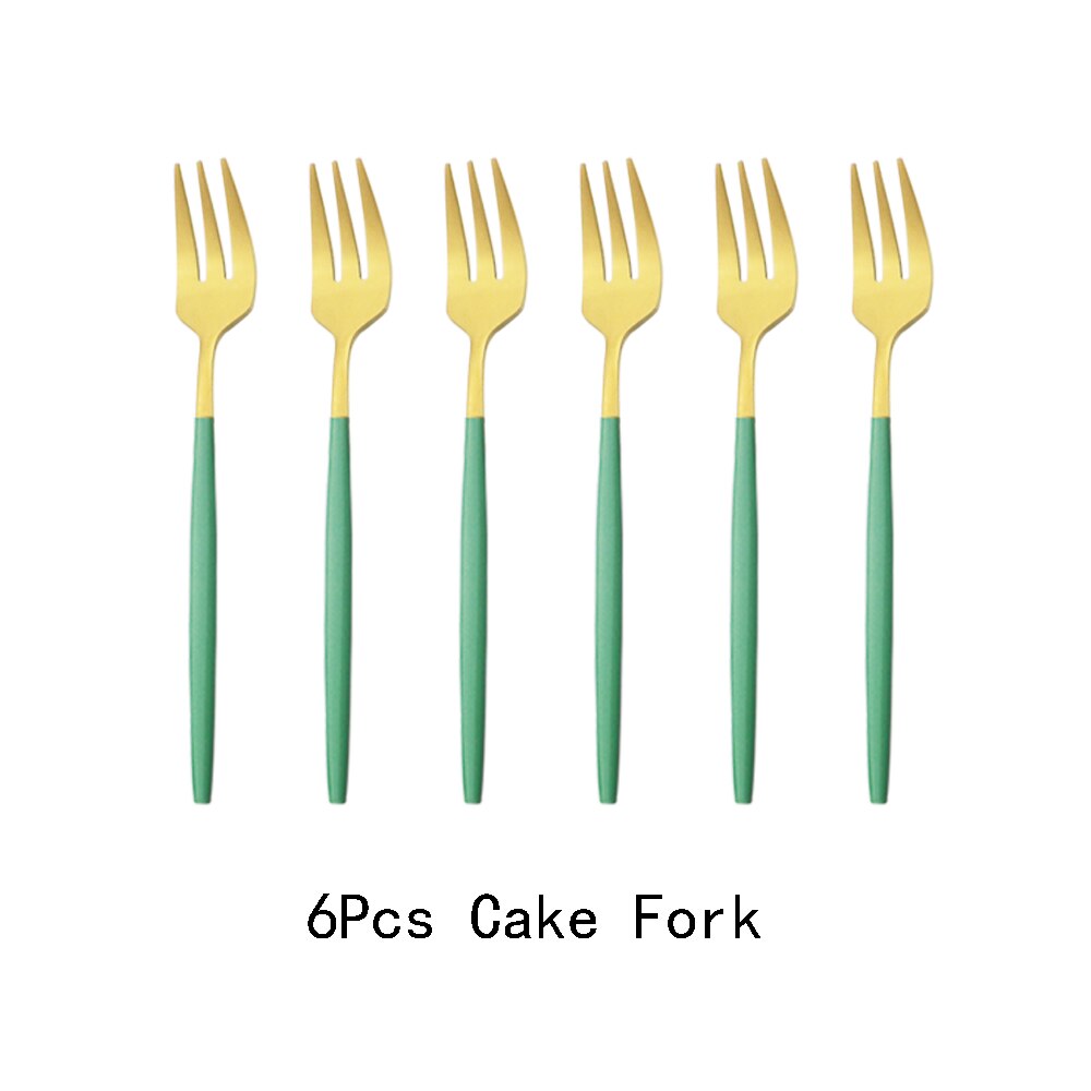6Pcs Coloful Fork Set Tea Cake Snack Forks Dinnerware Cutlery Matte Stainless Steel Tableware Dessert Fruit Fork Silverware Set: Mint Gold