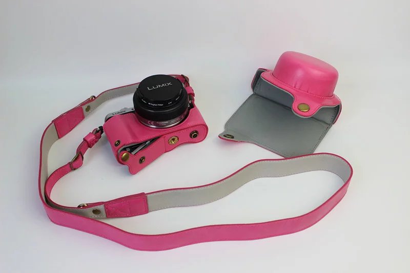 Funda de cuero de lujo para cámara Panasonic Lumix GF7 GF8 GF9 GF10, bolsa de cámara de 12-32mm, cuerpo con correa, de batería abierta