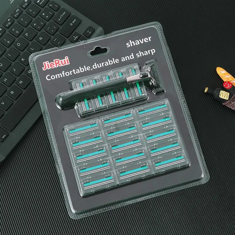Cuchillas de afeitar dobles, cabezales reemplazables, maquinilla de afeitar fina Manual antigua, maquinilla de afeitar para hombres, 1 marco de hoja, 20 cabezales