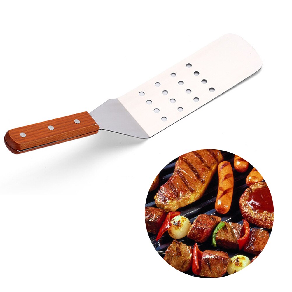 Kitchen Gadgets Stainless Steel BBQ Turner Restaurant Grilling Cooking Utensils Riveted Spatula Wood Handle