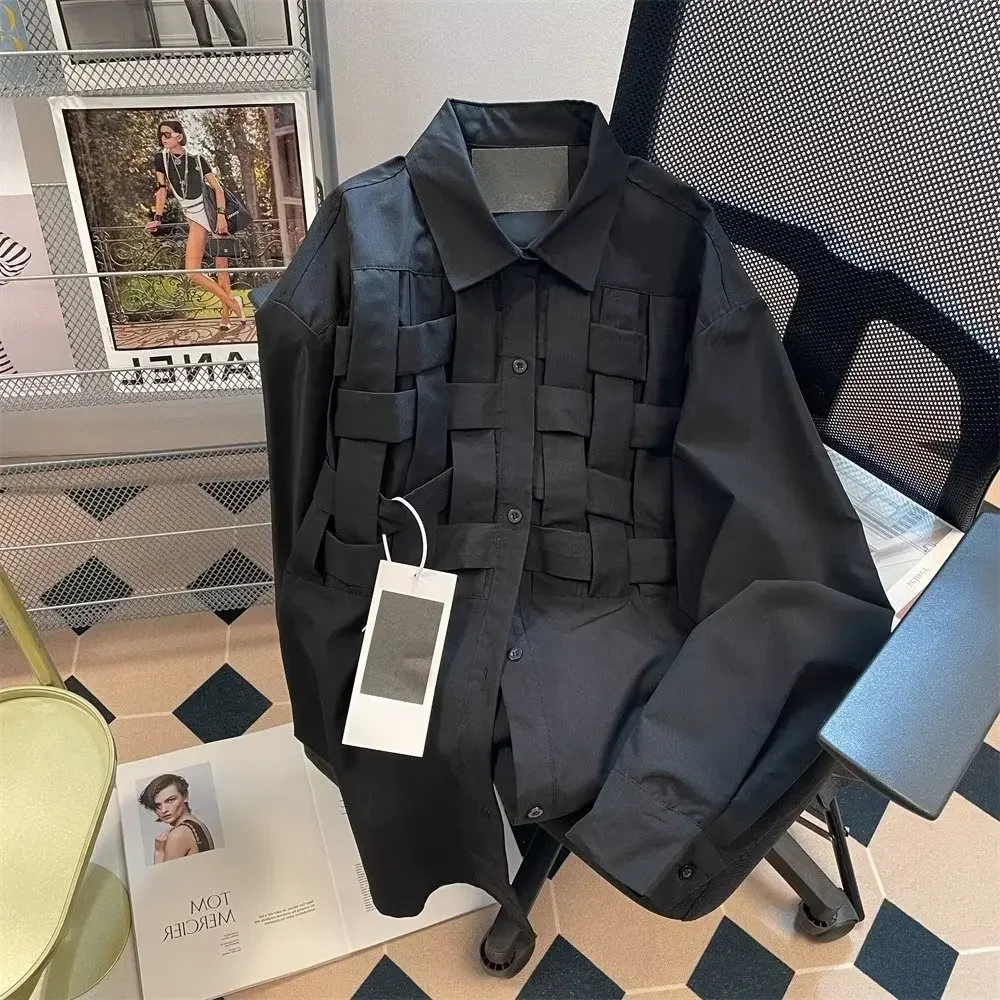 EBAIHUI, camisas lisas con agujeros para mujer, solapa, manga larga, cintura suelta, blusa de retales a la , camisa informal de poliéster para mujer 2024: XL / Negro