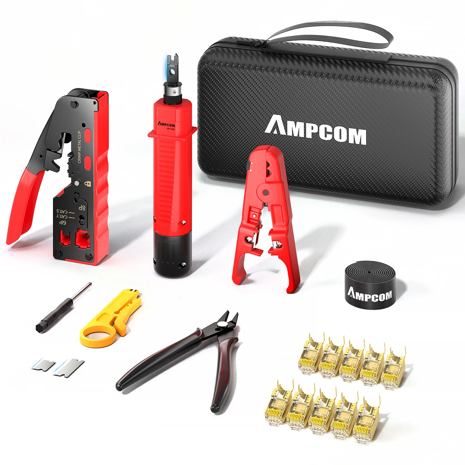 AMPCOM RJ45 Pass Through Crimping Network Tool Kit for Cat5e Cat6 Cat7 with Network Crimper/Punch Down Tool/TEL/LAN Cable Tester: black