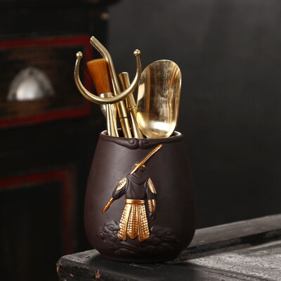 Accessoires thé en bois massif Kung Fu | Ensemble cérémonie du thé Sun Wukong, cuillère à Clip en bois massif, service à thé Kung Fu,: E