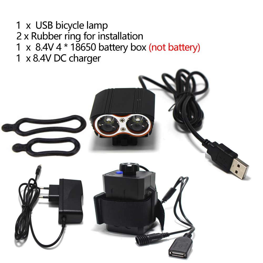 Vanntett sykkellykt foran, 4- modus lommelykt, usb-sykkellykt, 2*t6 lommelykter, kun lampe,  +8.4 v batteriboks: Grønn