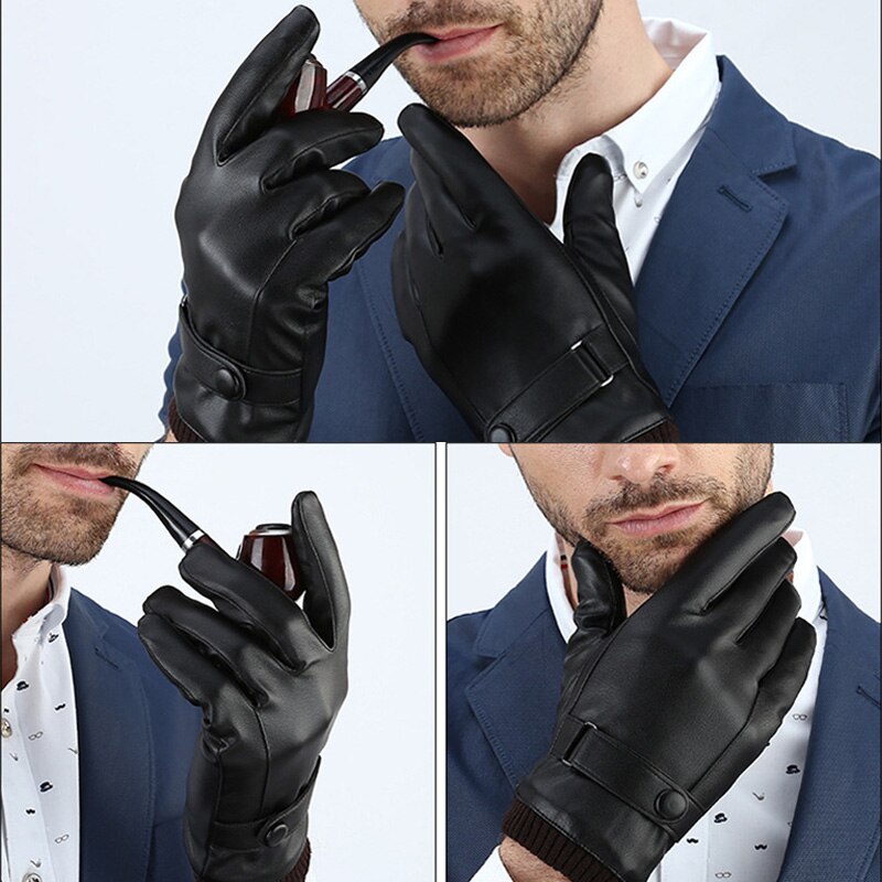 Guantes de cuero para hombre, resistentes al viento y a la pantalla táctil, para invierno y otoño, conducción de abrigo, color negro