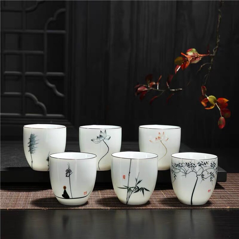Keramische Traditionele Chinese Thee Kopjes Wit Porselein Thee Set Accessoires Kantoor Theekopjes Draagbare Retro Water Mok Drinkware: 6pcs A