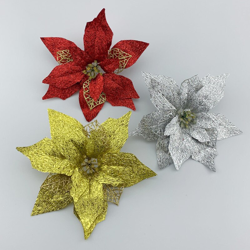 20cm/22cm butikk blomsterhode glitter kunstig silke blomst juletre ornament diy jul dekorasjon år dekor