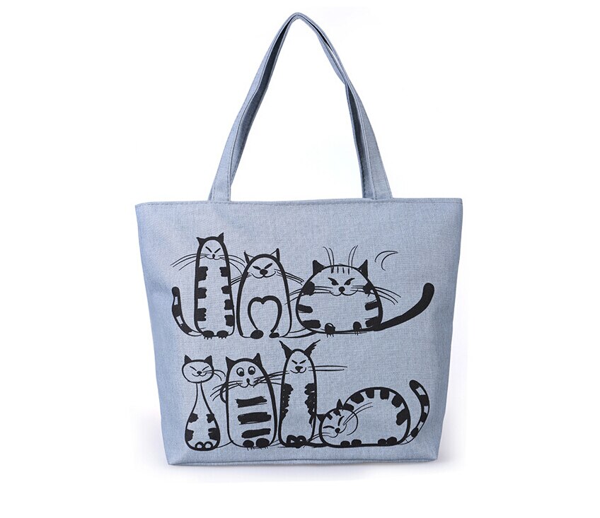 Nova moda mão desenhada gato dos desenhos animados sacos de lona impresso praia zíper grande capacidade saco lona tote compras bolsas: Cinza