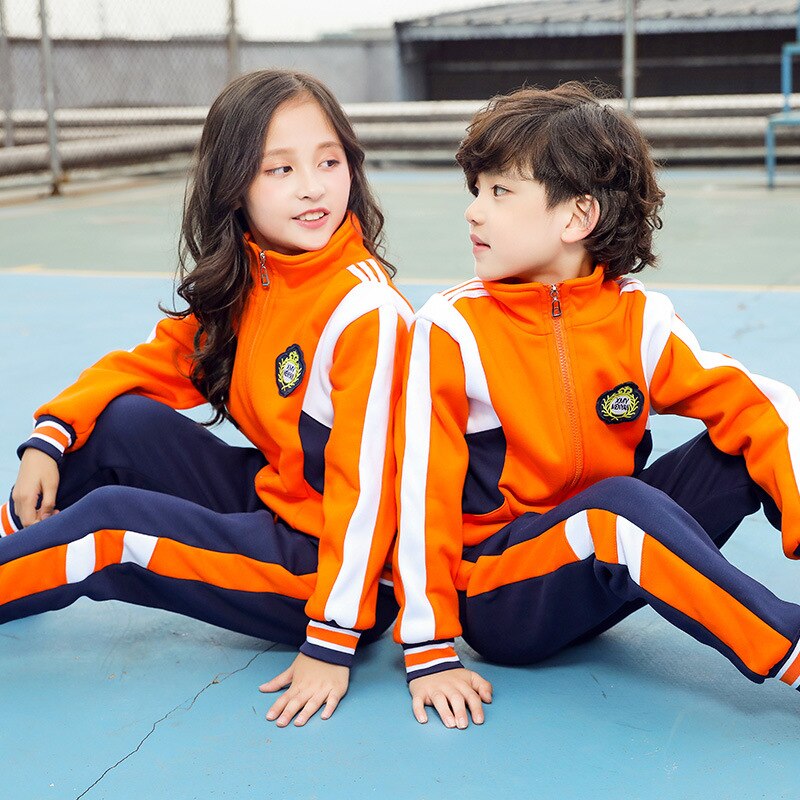 Uniforme Escolar de primaria para otoño e invierno, chaqueta gruesa naranja, pantalones azul marino, ropa deportiva para niños, traje para estudiantes de guardería