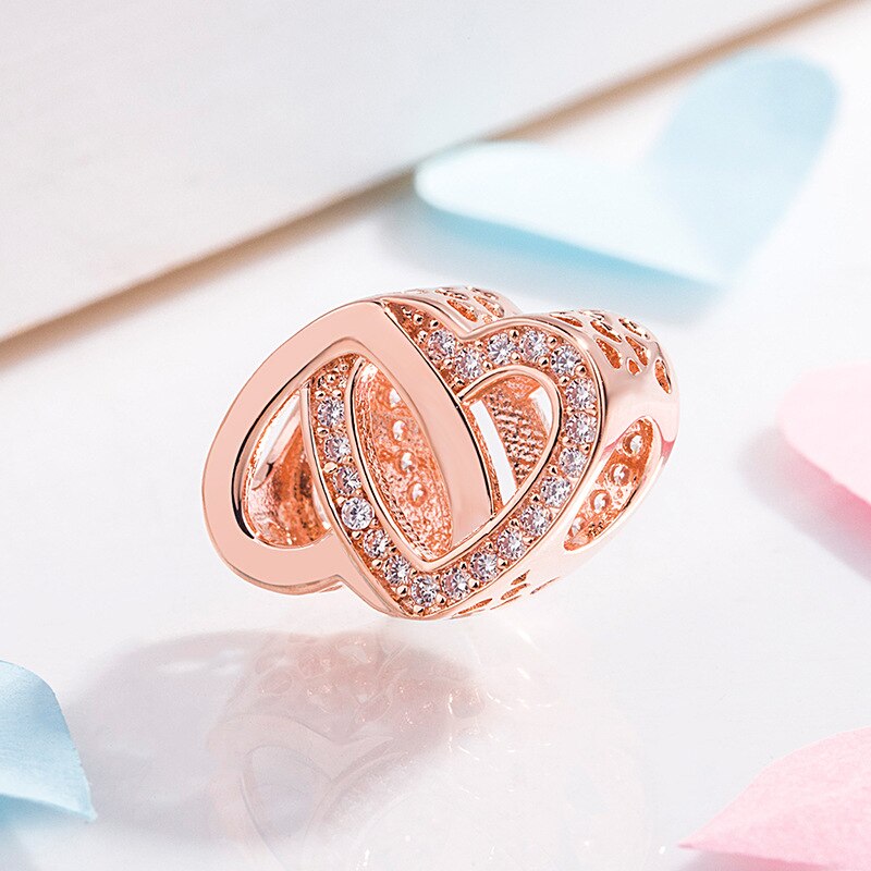 Echt 925 Sterling Silver Bead Charm Rose Opengewerkte Verstrengeld Liefde Hart Met Crystal Bead Fit Pan Armband Ketting Diy Je