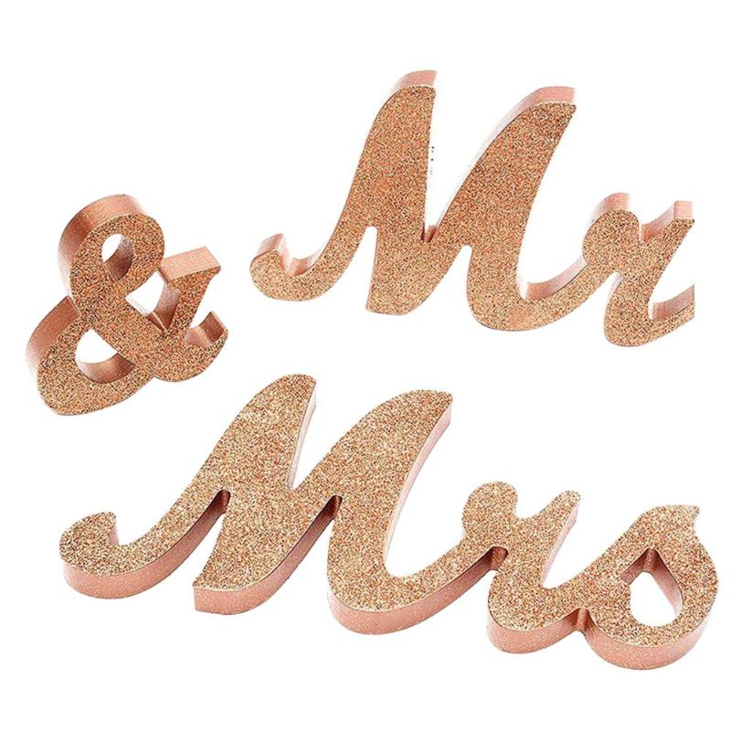 3 piezas de brillo romántico MR MRS letras decorativas signos boda foto Prop Set tablero de abedul + Accesorios de boda de madera contrachapada