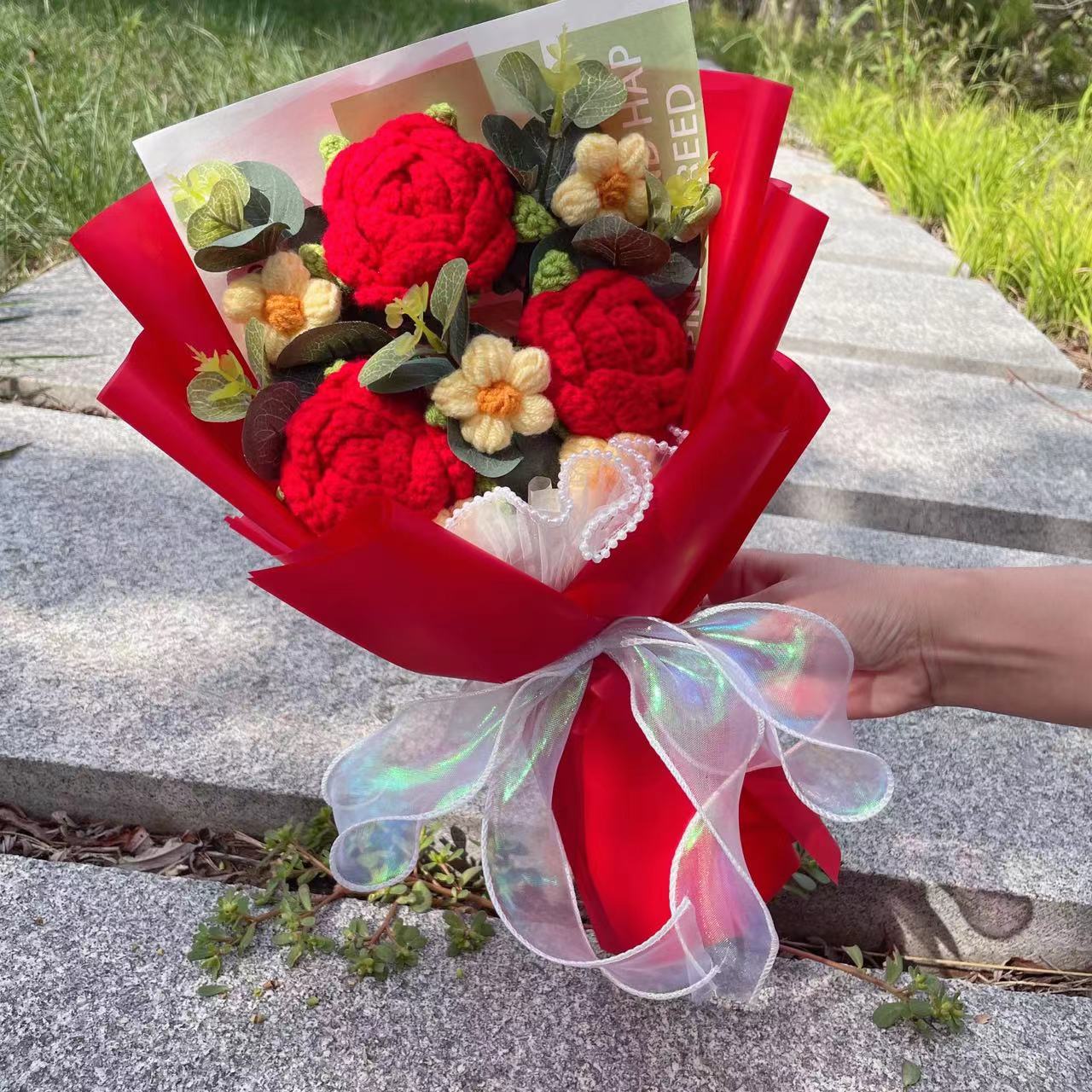 Ramo de ganchillo terminado, cuerda, flores artificiales, plantas rellenas, boda, San Valentín, Día de la madre, cumpleaños, de graduación: Plata