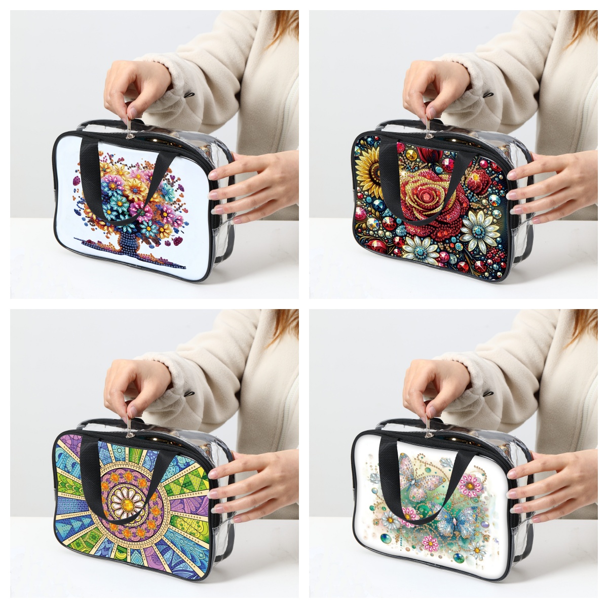 Bolsas de mano con pintura de diamantes y flores DIY para mujer, bolsas de cosméticos de PVC para viaje, bolso transparente para de uso diario, 1 ud.